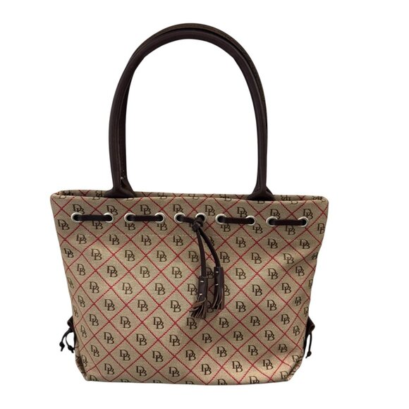 Dooney & Bourke Shoulder Bag Purse Signature Logo Monogram Tan Canvas USA Made - Picture 1 of 10